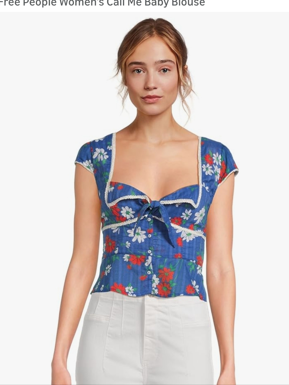 Free People Call Me Baby Blouse Blue Daisy Size L - Picture 1 of 7